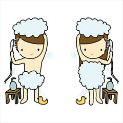 Showering boy and girl