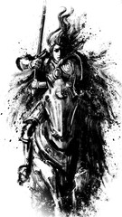 A young girl riding an armored horse rushes into battle holding a sword at the ready, confidence in her eyes, she is dressed in heavy plate armor. 2D illustration. © warmtail