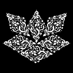 Stylized Lotus flower, decorative element. Hand drawn Mehndi design. Ethnic monochrome doodle texture. Curved doodling. Black and white vector illustration