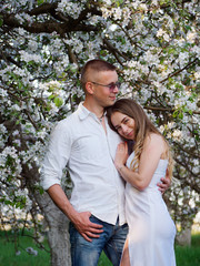 Fototapeta premium young guy and girl in blooming apple trees in the garden