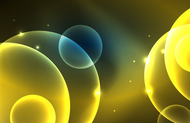 Neon shiny transparent glowing circles with light effects. Techno futuristic vector abstract background For Wallpaper, Banner, Background, Card, Book Illustration, landing page