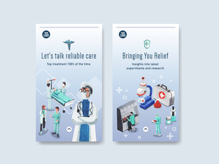 healthcare  instagram template design with Medical equipment and medical staff and highly technological devices doctors and patients watercolor illustration