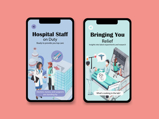 healthcare  instagram template design with Medical equipment and medical staff and highly technological devices doctors and patients watercolor illustration