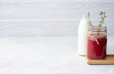 fresh yogurt with strawberry jam and chocolate