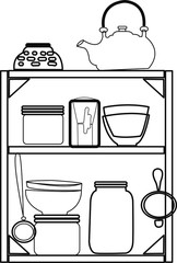 Rectangular high shelf with teapot, cups and strainers. A linear pattern. Vector illustration