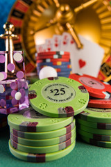 Casino set with Roulette, cards, dice and chips