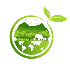Paper art and digital craft style of world wildlife and green eco forest, world environment and earth day concept.