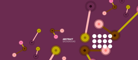 Flat style geometric abstract background, round dots or circle connections on color background. Technology network concept.