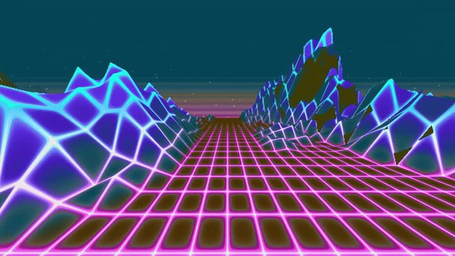 lowfi colored 90s retro background loop animation. Retrowave horizon landscape with neon lights and low poly shaded terrain