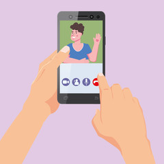 Hand holds smartphone. Video conference man on screen phone talking by internet in videocall, chat, UI,UX interface