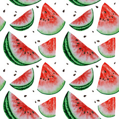 Watermelon slice fruit seamless patterns watercolor hand drawn illustration, fresh healthy food - natural organic food fabric texture on white background. Scrapbook paper