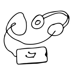 Hand drawing smart phone with headphones and cable.Listen to music. Simple logo,minimal.For greeting cards,children coloring book, design.Stock Doodle vector illustration isolated on white background.