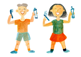 Hygiene to brush the teeth of a boy and a girl toothbrush and paste