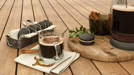 cup of coffee and cookies on wooden table