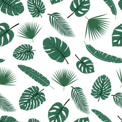 Seamless pattern with tropical leaves. Vector design. On a white background