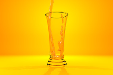 Pouring orange juice in glass, 3D rendering