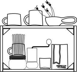 Rectangular shelf with dishes and coffee grinder, a pack of coffee. A linear pattern. Vector graphics