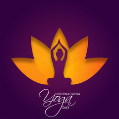 Paper Cut Style Lotus Shape Purple Background with Silhouette Woman Meditating for International Yoga Day.