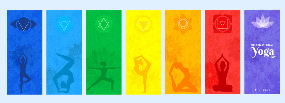 International Yoga Day Template Set with Silhouette Female Practicing Yoga in Different Poses.