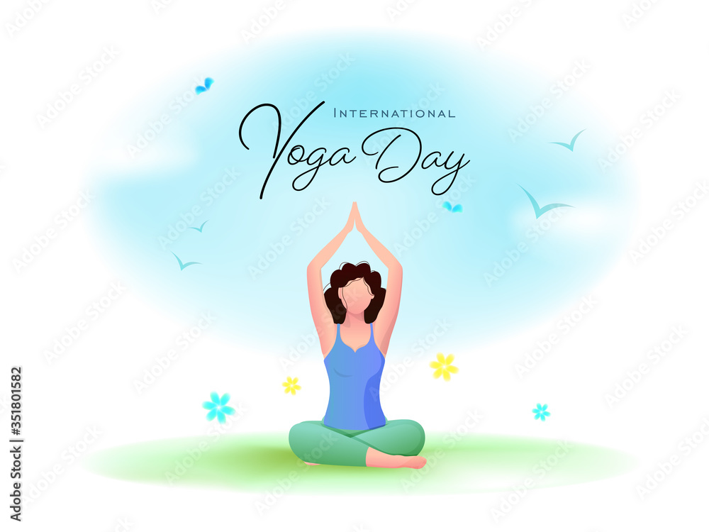 Canvas Prints international yoga day font with cartoon young woman meditating in lotus pose and flying birds on gl