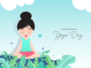 Paper Cartoon Girl Sitting in Meditation Pose with Leaves and Flowers Decorated on Glossy Blue Background for International Yoga Day.