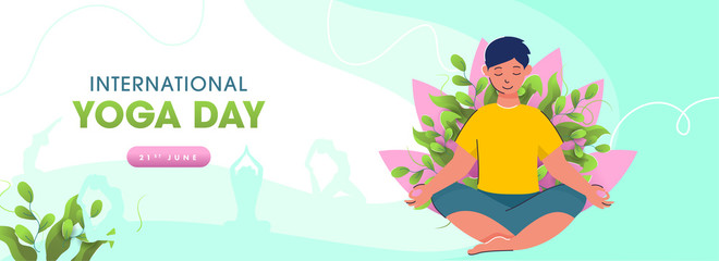 21st June, International Yoga Day Concept with Young Boy Meditating and Silhouette Female Practicing Yoga on Green and White Background.