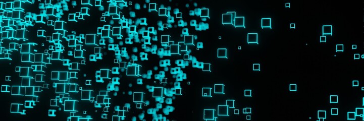 Neon light cube Block Network futuristic flying Matrix digital technologic animation panorama 3D rendering