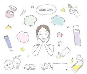 基礎化粧品・洗顔アイテムと肌ケアをしている女性