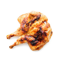 Butterflied grilled whole chicken isolated on white background