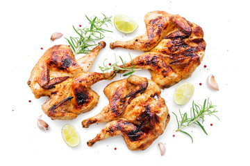 Spatchcocked barbecue chicken for family dinner isolated on white background