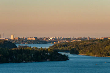 Obraz premium Stockholm, Sweden A view from the Ekero suburb towards the center of town and Lake Malaren.