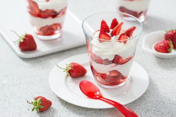 Dessert of whipped cream and fresh strawberries.