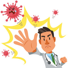 Male doctor succeeded in repelling the virus. Concept to fight off COVID-19. Vector illustration in flat cartoon style.