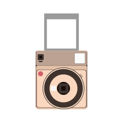 Camera with blank and instant photo on light background.