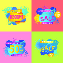 Set summer sale banner, poster with discount for hot season banner with tropical leaves. Invitation for shopping with 50 percent price off, special offer card,template for design.