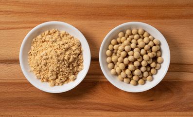 Japanese soybeans and soybeans against a wooden background