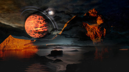 Alien planet with moons and mountains landscape. Elements of this image furnished by NASA.
