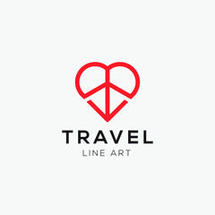 fly plane travel logo with love symbol vector design