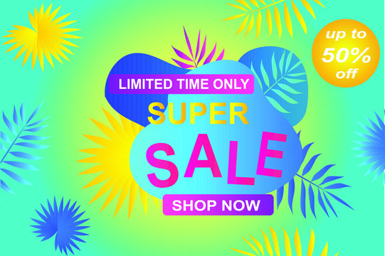 Summer sale banner, poster with discount for hot season banner with tropical leaves. Invitation for online shopping with 50 percent price off, special offer card,template for design
