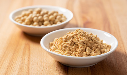 Japanese soybeans and soybeans against a wooden background