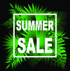 Fototapeta premium Summer sale banner, poster with discount for hot season banner with tropical leaves. Invitation for shop now, special offer 