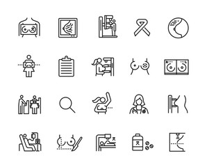 icon set related to breast cancer screening, medical examination, mammography and treatment.