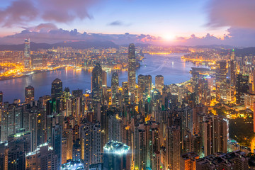 skyline hongkong city sunrise frome the peak - obrazy, fototapety, plakaty