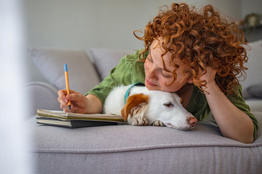 Woman working at home. Freelance working. Young afro-american woman sitting with her pet dog and study at home. Woman working from home in the company of her puppy