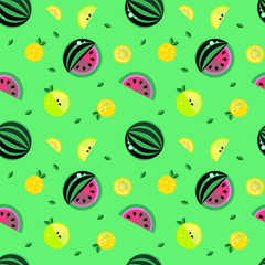 Vector bright juicy summer pattern with the image of whole fruits and their slices in a flat style. Pictured: watermelon, apple, lemon. Suitable for summer backgrounds.