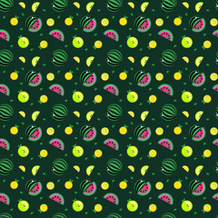 Vector bright juicy summer pattern with the image of whole fruits and their slices in a flat style. Pictured: watermelon, apple, lemon. Suitable for summer backgrounds.