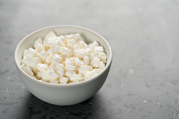 Cottage cheese in white bowl on concrete background with copy space