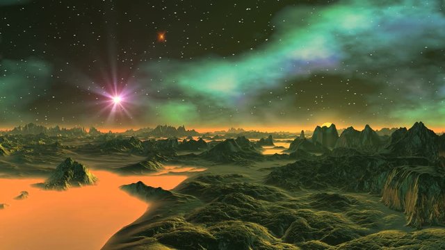 Two Stars over the Alien Planet. In the starry sky, nebulae and two flying bright stars (UFO) . On the horizon, a bright yellow sun. Dark cliffs stand among the thick yellow fog