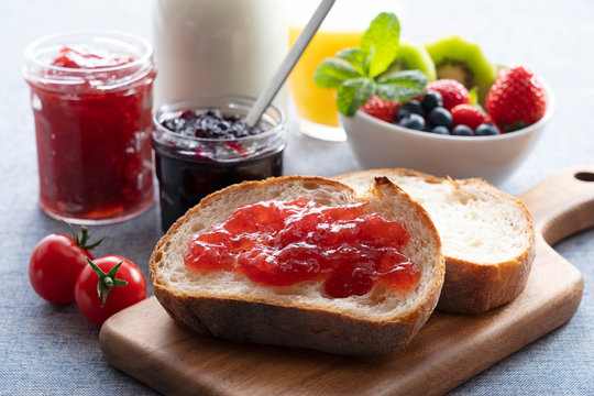 Breakfast image of bread, jam and fruit