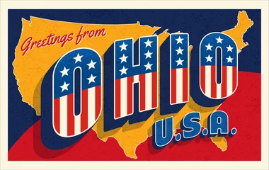 Fotobehang Greetings from Ohio USA. Retro postcard with patriotic stars and stripes lettering and United States map in the background. Vector illustration. © TeddyandMia